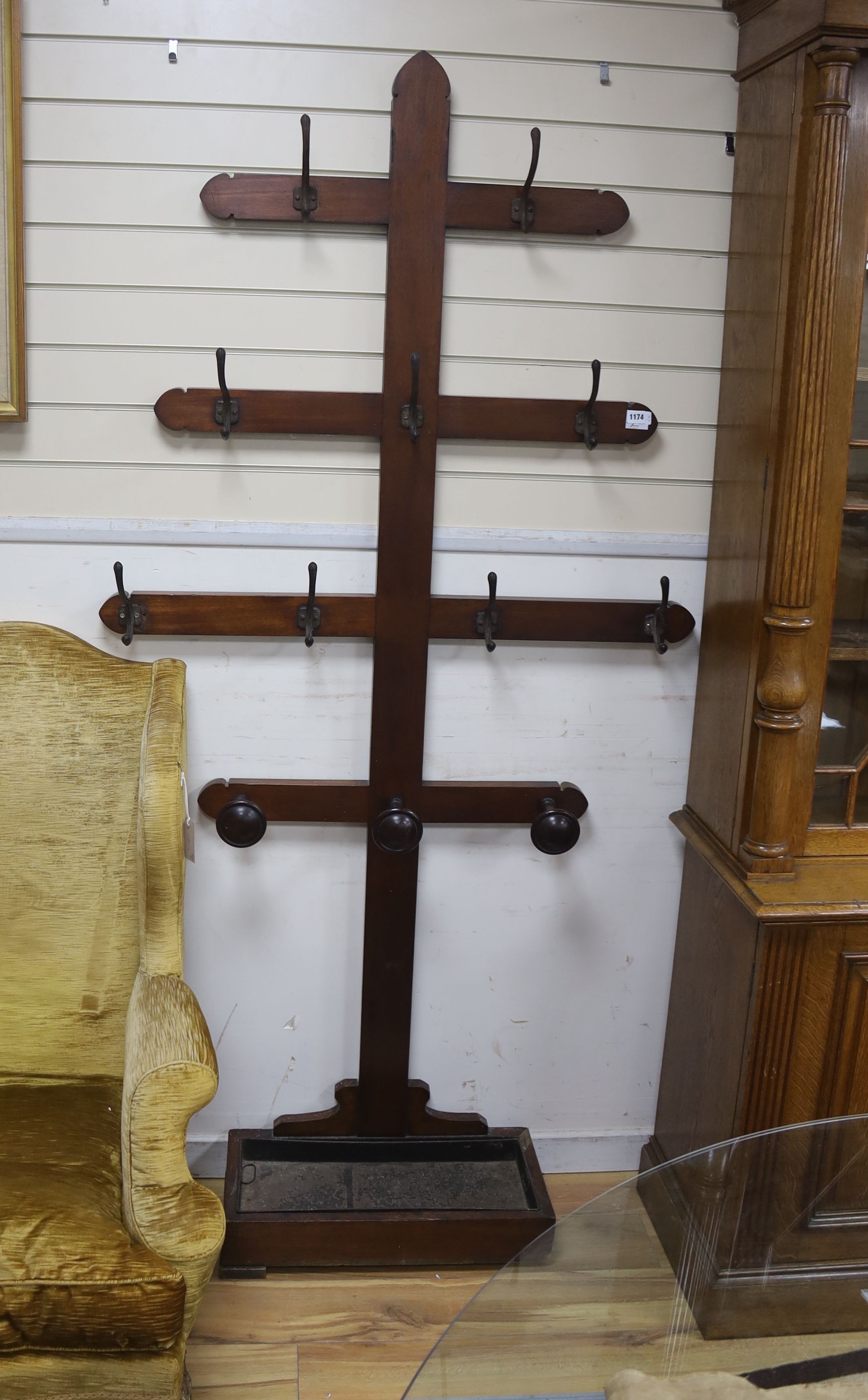 A Victorian mahogany hall stand, with tin tray base, width 116cm height 220cm